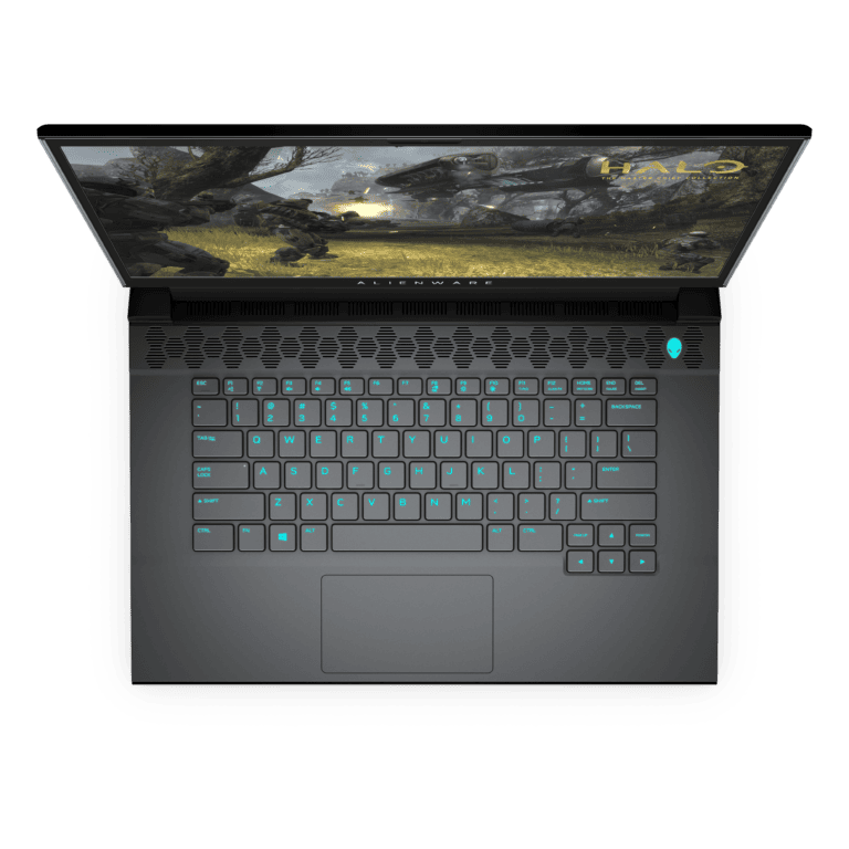 MKAU Gift Guide 2020 179 Alienware m15 R3 in Dark Side of the Moon and Halo v1 Top View Open https://staging.mkaugaming.com/christmas-gift-guide-2020/