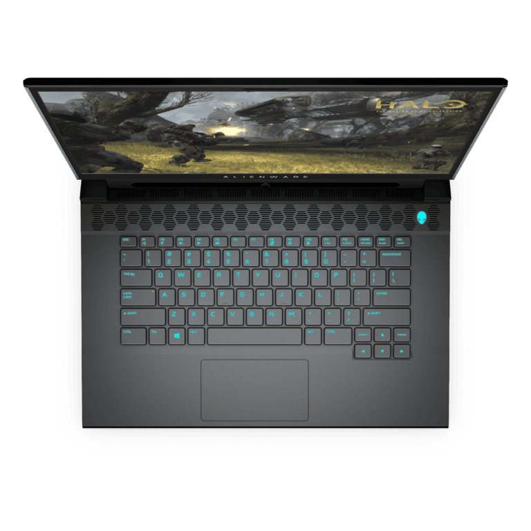 Alienware m15 R3 in Dark Side of the Moon and Halo v1 Top View Open and Tobii Eye Tracking https://staging.mkaugaming.com/dell-christmas-gift-ideas/