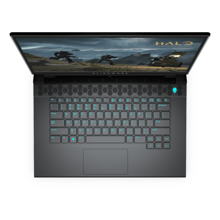 Alienware m15 R3 in Dark Side of the Moon and Halo v2 Top View Open and Tobii Eye Tracking https://staging.mkaugaming.com/dell-christmas-gift-ideas/