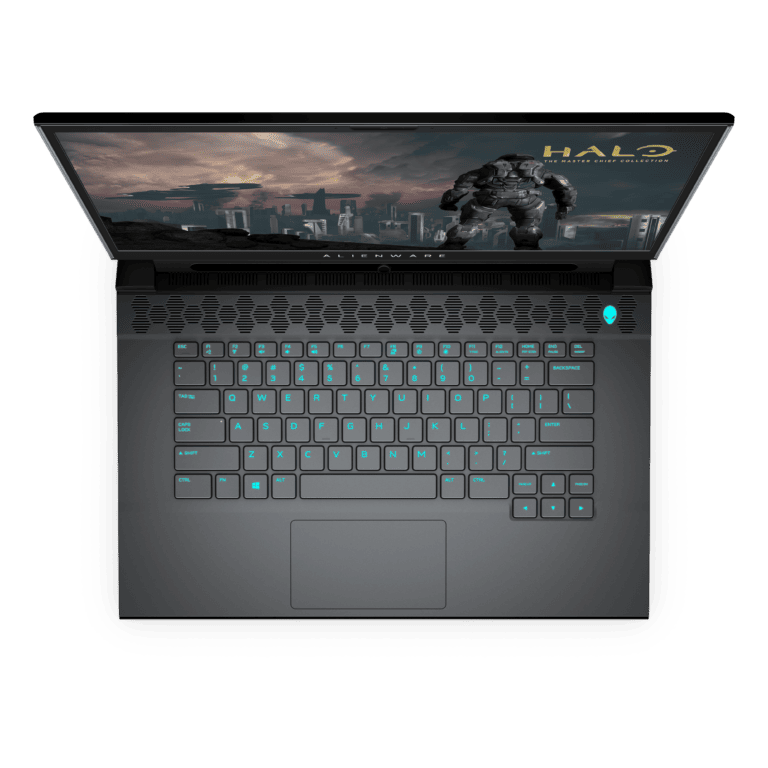 Alienware m15 R3 in Dark Side of the Moon and Halo v3 Top View Open and Tobii Eye Tracking https://staging.mkaugaming.com/dell-christmas-gift-ideas/