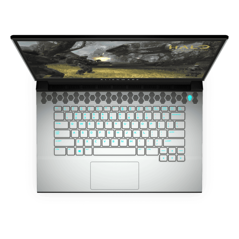 MKAU Gift Guide 2020 146 Alienware m15 R3 in Lunar Light and Halo v1 Top View Open https://staging.mkaugaming.com/christmas-gift-guide-2020/