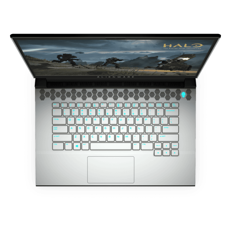 MKAU Gift Guide 2020 138 Alienware m15 R3 in Lunar Light and Halo v2 Top View Open https://staging.mkaugaming.com/christmas-gift-guide-2020/