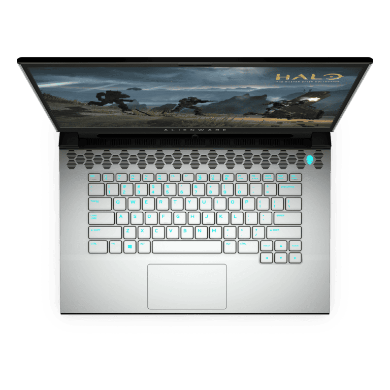 Alienware m15 R3 in Lunar Light and Halo v2 Top View Open and Tobii Eye Tracking https://staging.mkaugaming.com/dell-christmas-gift-ideas/