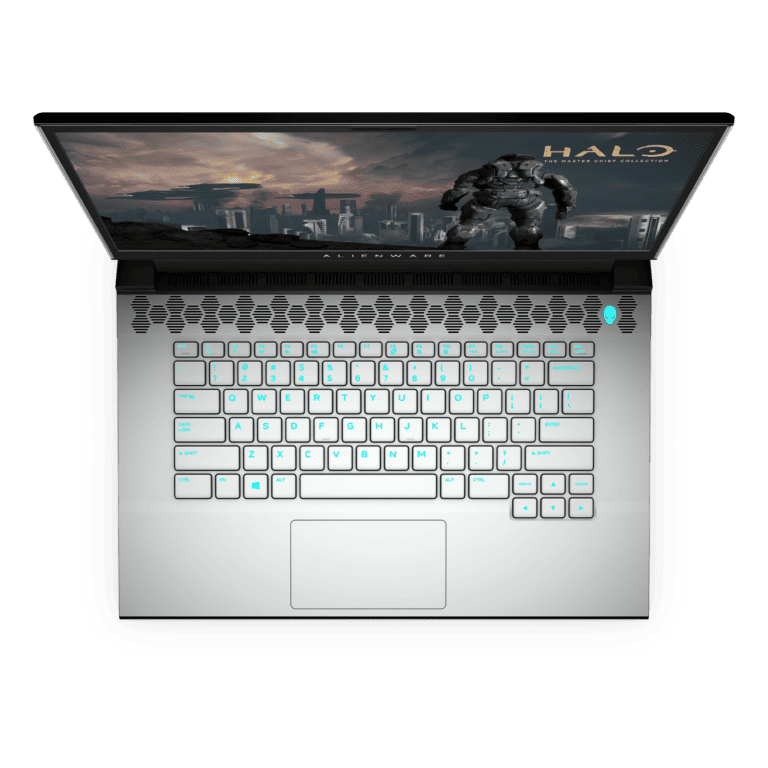 MKAU Gift Guide 2020 130 Alienware m15 R3 in Lunar Light and Halo v3 Top View Open https://staging.mkaugaming.com/christmas-gift-guide-2020/