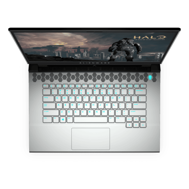 Alienware m15 R3 in Lunar Light and Halo v3 Top View Open and Tobii Eye Tracking https://staging.mkaugaming.com/dell-christmas-gift-ideas/