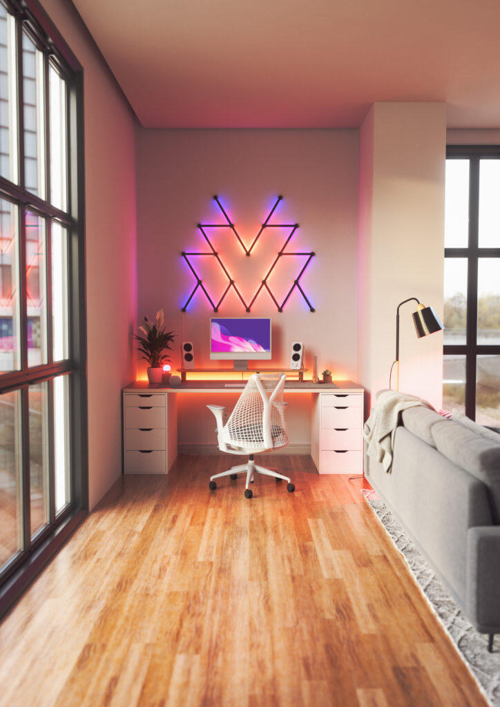 Nanoleaf Lines Desk With Matte Black Skins ON https://staging.mkaugaming.com/nanoleaf-lines-skins-introducing-snap-on-covers-to-customise-your-lighting-experience/