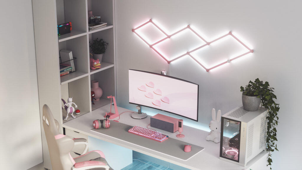 Nanoleaf Lines Gaming Desk With Matte Pink Skins ON https://staging.mkaugaming.com/nanoleaf-lines-skins-introducing-snap-on-covers-to-customise-your-lighting-experience/