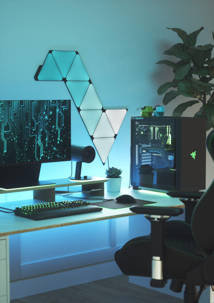 Nanoleaf Launches Limited Edition Ultra Black Shapes Panels For Company’s 10th Anniversary 3 Shapes Ultra Black Triangles 9x Battlestation Blue 2828x4000 https://staging.mkaugaming.com/nanoleaf-launches-limited-edition-ultra-black-shapes-panels-for-companys-10th-anniversary/