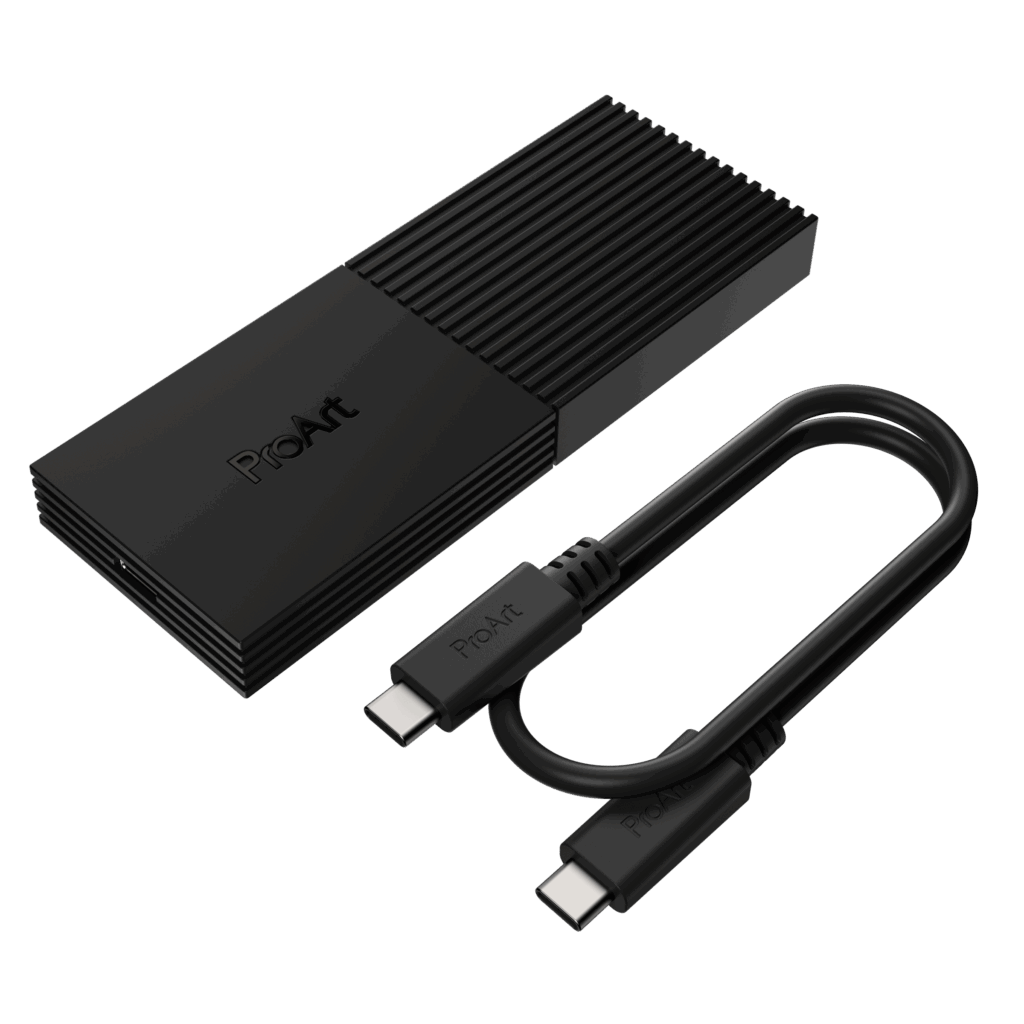 ASUS Announces ProArt PA40SU USB4 SSD Enclosure 2 PA40SU Front WithCable https://staging.mkaugaming.com/asus-announces-proart-pa40su-usb4-ssd-enclosure/